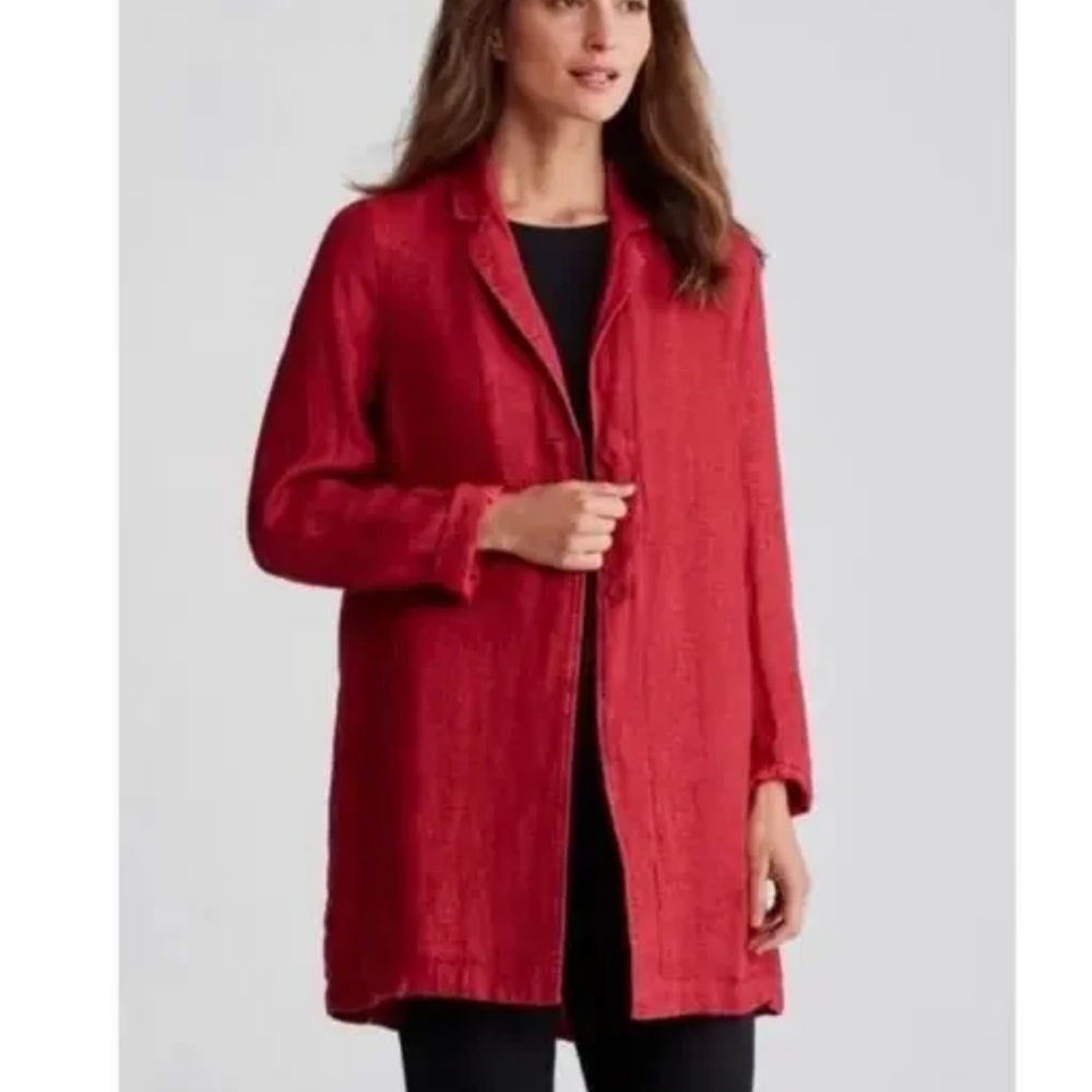 Eileen Fisher Red Longline Linen Button Front Oversized Jacket Pockets Sm Med